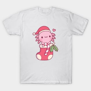 Cute Axolotl Holding Candy Cane In A Christmas Stocking T-Shirt